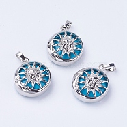 Synthetic Turquoise Pendants, with Brass Findings, Flat Round with Sun, Platinum, 28x24x9~10mm, Hole: 5x7mm(G-K234-C05)