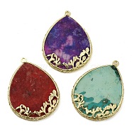 Natural Mixed Gemstone Dyed Pendants, Teardrop Charms with Rack Plating Golden Plated Brass Findings, 37x27.5x4mm, Hole: 1.6mm(G-E609-02G)