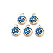 Alloy Enamel Charms, with Crystal Rhinestone with Glitter Powder, Cadmium Free & Lead Free, Flat Round with Moon, Light Gold, Blue, 13x10x2mm, Hole: 1.6mm(ENAM-S126-008-01)