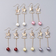 Dangle Earrings, with Glass Pearl Round Beads, Iron Bar Links, Brass Pendant and Earring Hooks, Butterfly & Triangle, Mixed Color, 77mm, Pin: 0.7mm(EJEW-JE03973)