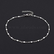 Ion Plating(IP) 304 Stainless Steel Cable Chain Anklets, with Enamel and Lobster Claw Clasps, Platinum, White, 230x2mm(AJEW-K030-01P-12)