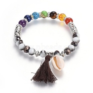 Chakra Jewelry, Cotton Thread Tassels Pendant Stretch Bracelets, with Natural & Synthetic Mixed Stone Beads, Glass Beads, Cowrie Shell and Alloy Findings, Black, 2-1/4 inch(5.8cm)(BJEW-JB04060-01)