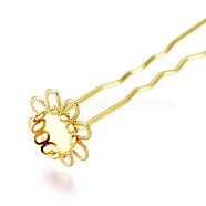Iron Hair Fork Findings, Flower Pins, with Brass Tray Settings, Golden, Tray: 10mm, 76x17mm(KK-M212-02G)