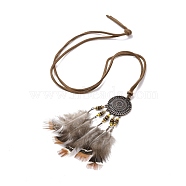 Alloy Woven Net with Feather Pendant Necklace with Wood Beads, Bohemian Jewelry for Women, Camel, 35.8 inch(91cm)(NJEW-P261-02R)