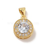 Brass Micro Pave Cubic Zirconia Pendants, Cadmium Free & Lead Free, Long-Lasting Plated, Flat Round, Clear, Real 18K Gold Plated, 14.5x11.5x7mm, Hole: 3.5x4mm(KK-B059-30G)