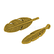 Tibetan Style Alloy Feather Pendants, Lead Free & Cadmium Free, Antique Golden, 30x9x2.5mm, Hole: 2mm(TIBEP-A87-AG-RS)