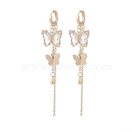 Glass Butterfly Dangle Hoop Earrings with Clear Cubic Zirconia, Golden Brass Long Tassel Earrings for Woman, Clear, 95mm, Pin: 1mm(EJEW-TA00153-04)