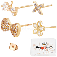 Beebeecraft 8Pcs 4 Style Brass Cubic Zirconia Stud Earring Findings, with 8Pcs Brass Ear Nuts, Bowknot & Star & Flower, Golden, 6.5~10x6~12mm, Pin: 0.5~0.8mm, 2pcs/style(KK-BBC0001-80)