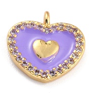 Golden Plated Brass Micro Pave Clear Cubic Zirconia Charms, with Enamel, Long-Lasting Plated, Heart, Purple, 11x11.5x2.5mm, Hole: 1.2mm(ZIRC-L097-035B-G)