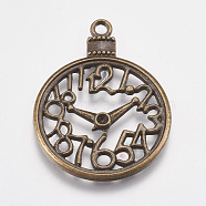 Tibetan Style Alloy Pendants Rhinestone Settings, Clock, Lead Free & Cadmium Free & Nickel Free, Antique Bronze, 39x30x2mm, Hole: 2.5mm, fit for 2mm rhinestone(TIBEP-A12993-AB-NR)