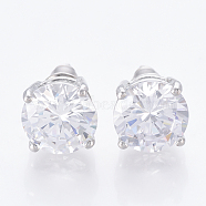 Brass Cubic Zirconia Stud Earrings, Nickel Free, Real Platinum Plated, 9mm, Pin: 0.8mm(X-EJEW-S199-01P)