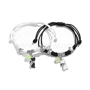 2Pcs 2 Color Alloy Enamel & Luminous Glow in the Dark Beads Charm Bracelets Set, Adjustable Couple Bracelets for Valentine's Day , Cat Shape, 8-1/4~12-5/8 inch(21~32cm), 1Pc/color(PW-WG39635-02)