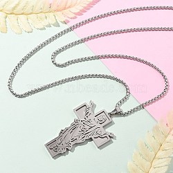 304 Stainless Steel Religion Pendant Necklaces, Jesus Cross, Non-Tarnish, Stainless Steel Color, 23.23~23.62 inch(59~60cm)(NJEW-Z058-04P)