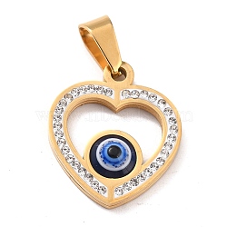 304 Stainless Steel Pendants, with Polymer Clay Rhinestone and Evil Eye Resin Round Beads, 201 Stainless Steel Bails, Heart, Blue, 20x17x3.7mm, Hole: 3.5x6.7mm(STAS-F277-06A-G)