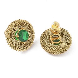 304 Stainless Steel Pave Cubic Zirconia Twisted Chain Disc Stud Earrings for Women, Golden, Green, 20.5mm(EJEW-G390-06G-02)