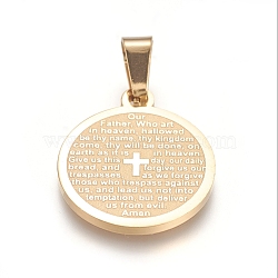 304 Stainless Steel Pendants, Flat Round with Lord's Prayer Cross, Golden, 21x18x1.5mm, Hole: 6x4mm(X-STAS-I131-10G)