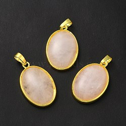 Natural Rose Quartz Pendants, Oval Charms, with Rack Plating Golden Plated Brass Findings, Lead Free & Cadmium Free, 31x20x7.5~8mm, Hole: 7x5mm(G-H286-07G-05)