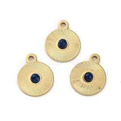 Real 14K Gold Plated 304 Stainless Steel Pave Natural Sodalite Pendants, Flat Round Charms, 15x12x3mm, Hole: 1.6mm(STAS-R005-05G-02)