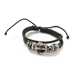 PU Imitation Leather Braided Cord Bracelets, Alloy Links Bracelets, Anchor & Helm, Inner Diameter: 2-1/4~3-3/4 inch(5.7~9.5cm)(BJEW-P329-01B-AS)