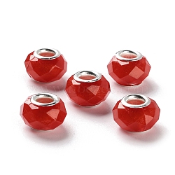 Pearlized Resin European Beads, Faceted Rondelle Large Hole Beads, with Platinum Tone Alloy Double Cores, Red, 13.5x9mm, Hole: 5mm(RESI-M001-01D)