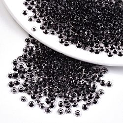 6/0 Glass Seed Beads, Transparent Inside Colours, Round Hole, Round, Black, 6/0, 4~5x2.5~4.5mm, Hole: 1.2mm, about 4500pcs/bag(SEED-A014-4mm-138B)