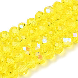 Electroplate Glass Beads Strands, Half Rainbow Plated, Faceted, Rondelle, Champagne Yellow, 8x6mm, Hole: 1mm, about 65~68pcs/strand, 15.7~16.1 inch(40~41cm)(EGLA-A034-T8mm-L28)