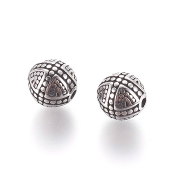 304 Stainless Steel Beads, Round, Antique Silver, 9x9.5mm, Hole: 1.6mm