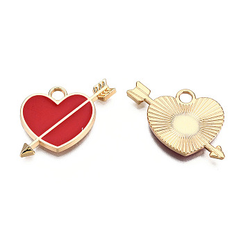 Light Gold Plated Alloy Pendants, with Enamel, Heart with Arrow, Red, 18x23.5x2mm, Hole: 2.5mm