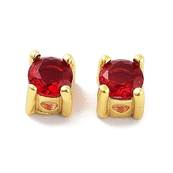 Real 18K Gold Plated 925 Sterling Silver Bead, with Cubic Zirconia, Flat Round, with S925 Stamp, Dark Red, 4x4x4mm, Hole: 1.2mm