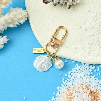 Shell Shape Alloy & ABS Plastic Imitation Pearl Pendant Decoration, for Bag Ornaments, Golden, 54mm, Pendant: 13~20mm