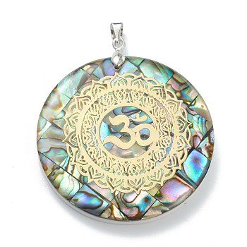 Natural Abalone Shell/Paua Shell Pendants, Mosaic Pattern, with Platinum Plated Brass Findings and Gold Foil, Flat Round with Om Symbol, 40.5x5mm, Hole: 4x3.5mm