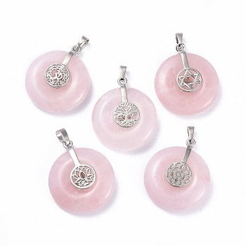 Natural Rose Quartz Pendants, with Platinum Tone Brass Findings, Donut/Pi Disc with Mixed Shapes, 35.5x30x8.5~9.5mm, Hole: 4.5x6.5mm