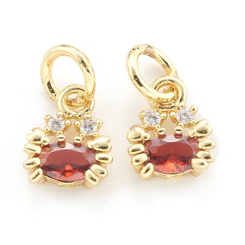 Brass Cubic Zirconia Pendants, with Jump Rings, Crab, Real 18K Gold Plated, 9x7x3mm, Hole: 3.5mm