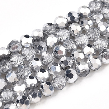 Transparent Electroplate Glass Beads Strands, Faceted, Half Silver Plated, Round, Silver, 4mm, Hole: 0.8mm, about 90~91pcs/strand, 13.39~13.58 inch(34~34.5cm)