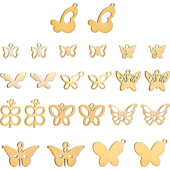 BENECREAT 48Pcs 12 Style 304 Stainless Steel Charms, Butterfly, Golden, 7~18x9~19x0.6~1mm, Hole: 1~5mm, 4pcs/style