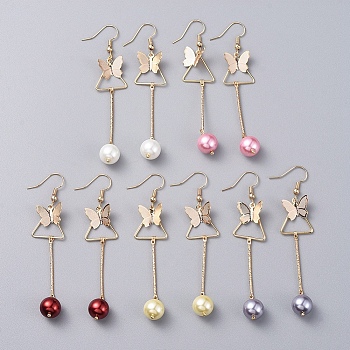 Dangle Earrings, with Glass Pearl Round Beads, Iron Bar Links, Brass Pendant and Earring Hooks, Butterfly & Triangle, Mixed Color, 77mm, Pin: 0.7mm