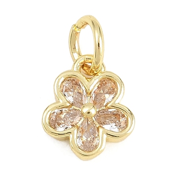 Brass Micro Pave Cubic Zirconia Pendants, Flower Charms, Long-Lasting Plated, Rack Plating, Lead Free & Cadmium Free, Real 18K Gold Plated, Clear, 9x7.8x3mm, Hole: 3.2mm