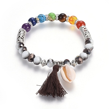 Chakra Jewelry, Cotton Thread Tassels Pendant Stretch Bracelets, with Natural & Synthetic Mixed Stone Beads, Glass Beads, Cowrie Shell and Alloy Findings, Black, 2-1/4 inch(5.8cm)
