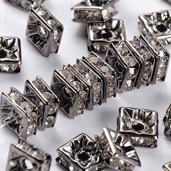 Brass Rhinestone Spacer Beads, Grade A, Gunmetal, Square, Crystal, 6x6x3mm, Hole: 1mm