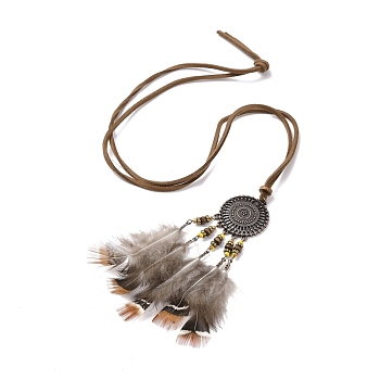 Alloy Woven Net with Feather Pendant Necklace with Wood Beads, Bohemian Jewelry for Women, Camel, 35.8 inch(91cm)