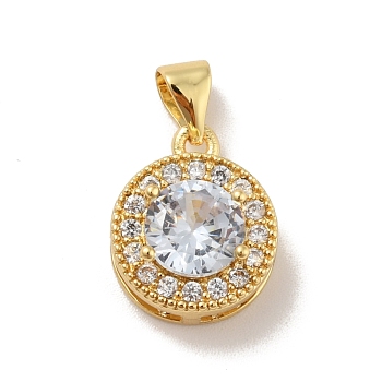 Brass Micro Pave Cubic Zirconia Pendants, Cadmium Free & Lead Free, Long-Lasting Plated, Flat Round, Clear, Real 18K Gold Plated, 14.5x11.5x7mm, Hole: 3.5x4mm
