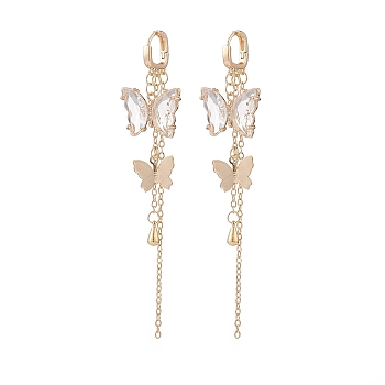 Glass Butterfly Dangle Hoop Earrings with Clear Cubic Zirconia, Golden Brass Long Tassel Earrings for Woman, Clear, 95mm, Pin: 1mm