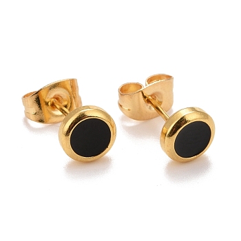 304 Stainless Steel Enamel Stud Earrings, with 316 Surgical Stainless Steel Pin, Golden, Flat Round, Black, 6x2mm, Pin: 0.8mm