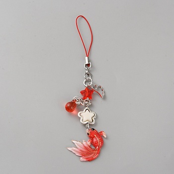Fish Alloy Acrylic Mobile Straps, Mobile Accessories Decoration, Antique Silver & Platinum, Red, 133mm