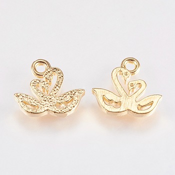 Brass Pendants, Swan, Real 18K Gold Plated, 9x10x1mm, Hole: 1mm