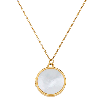 1Pc Stainless Steel Pave Natural White Shell Locket Pendant Necklaces for Women, Golden, Flat Round, 17.56 inch(44.6cm)