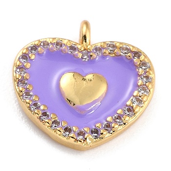 Golden Plated Brass Micro Pave Clear Cubic Zirconia Charms, with Enamel, Long-Lasting Plated, Heart, Purple, 11x11.5x2.5mm, Hole: 1.2mm