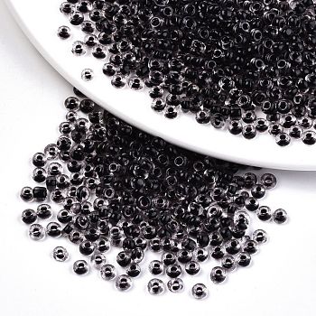 6/0 Glass Seed Beads, Transparent Inside Colours, Round Hole, Round, Black, 6/0, 4~5x2.5~4.5mm, Hole: 1.2mm, about 4500pcs/bag