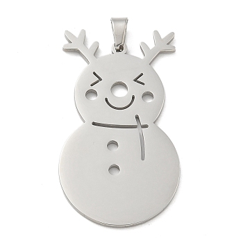 Christmas Theme 304 Stainless Steel Pendants, Laser Cut, Snowman Charm, Stainless Steel Color, 39.5x22x1.5mm, Hole: 5x3mm