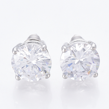 Brass Cubic Zirconia Stud Earrings, Nickel Free, Real Platinum Plated, 9mm, Pin: 0.8mm